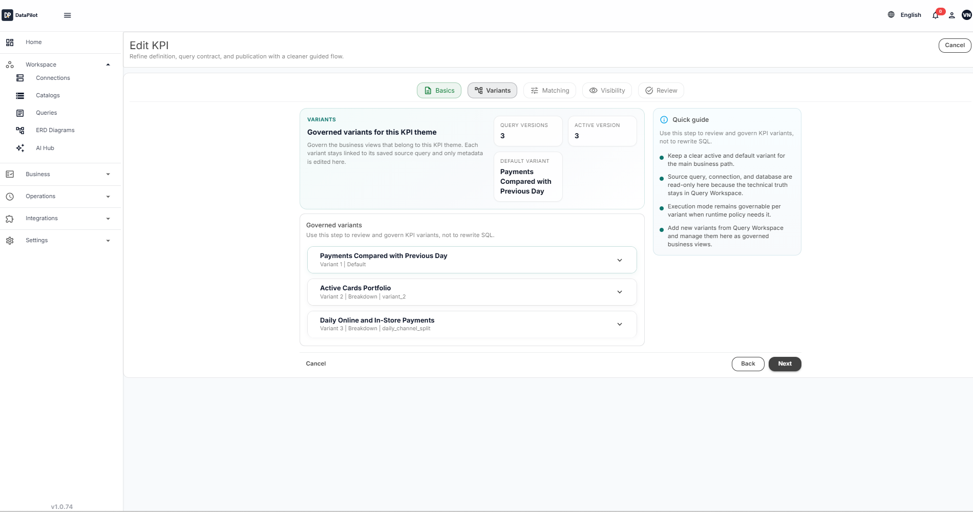 DataPilot KPI wizard: analyst defines metric SQL, business context, and thresholds