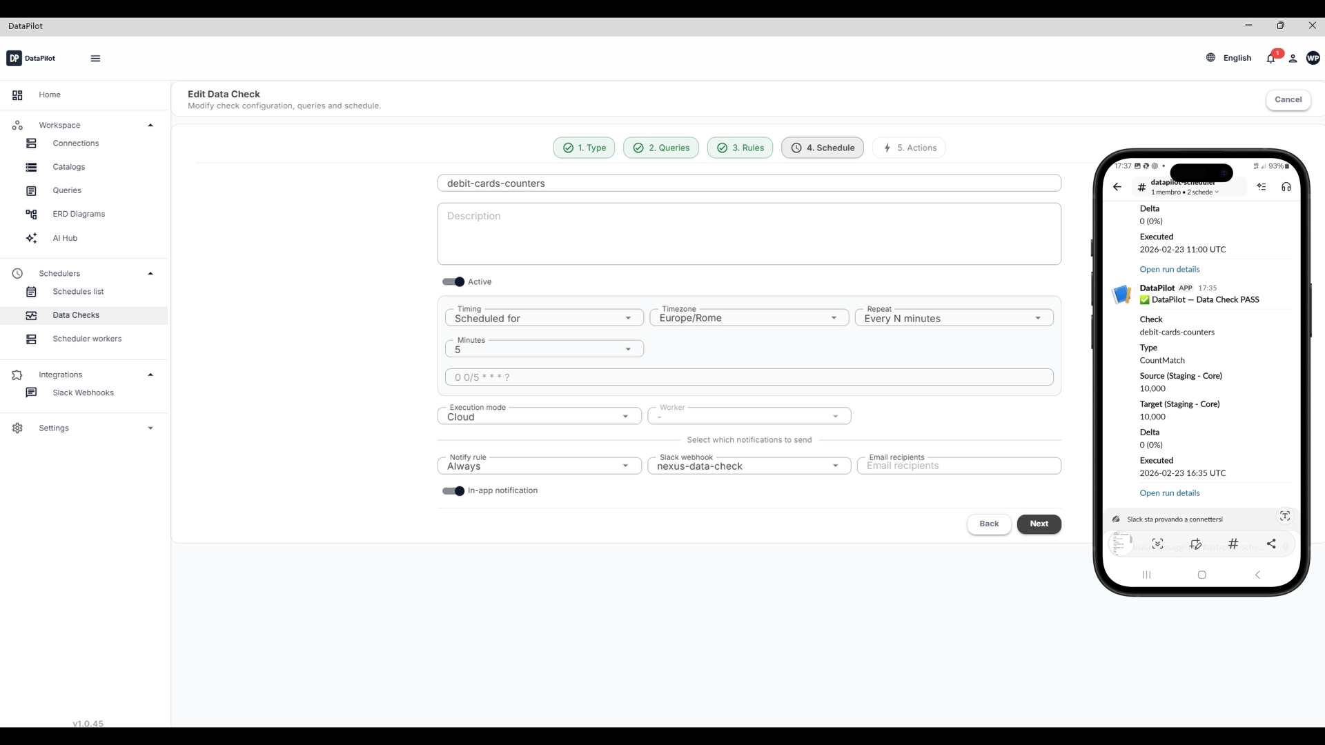 DataPilot data quality screen with checks, monitors, status levels, and business workflow protection.