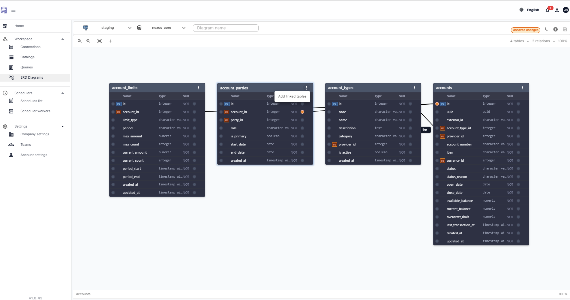 ERD diagram explorer showing tables and relationships