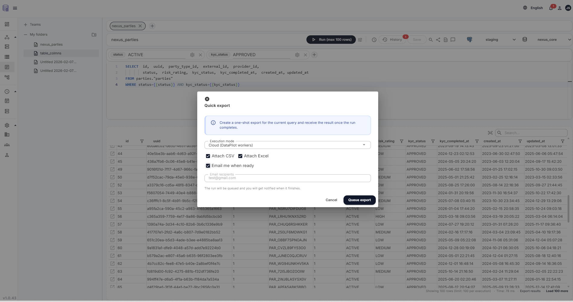 CSV and Excel export options with download notifications