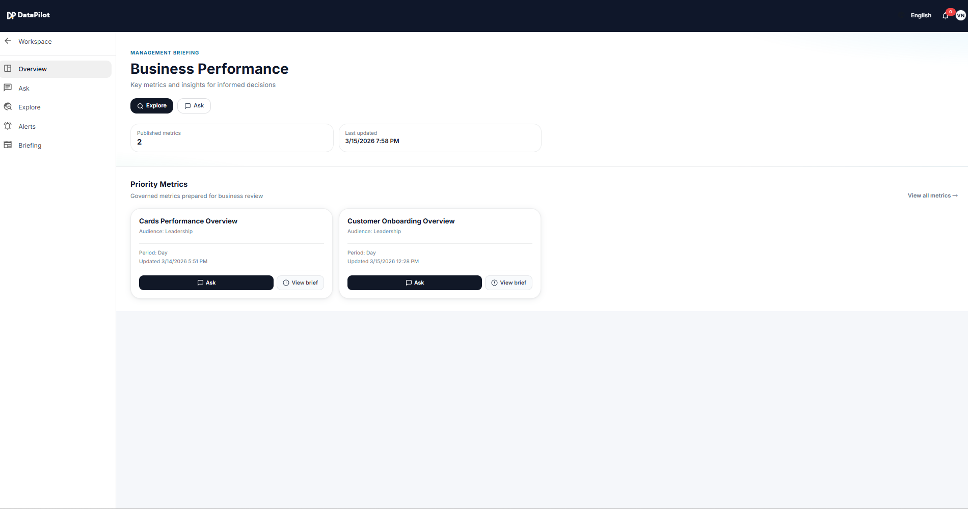 DataPilot executive experience with KPI cards, governed answers, and reports