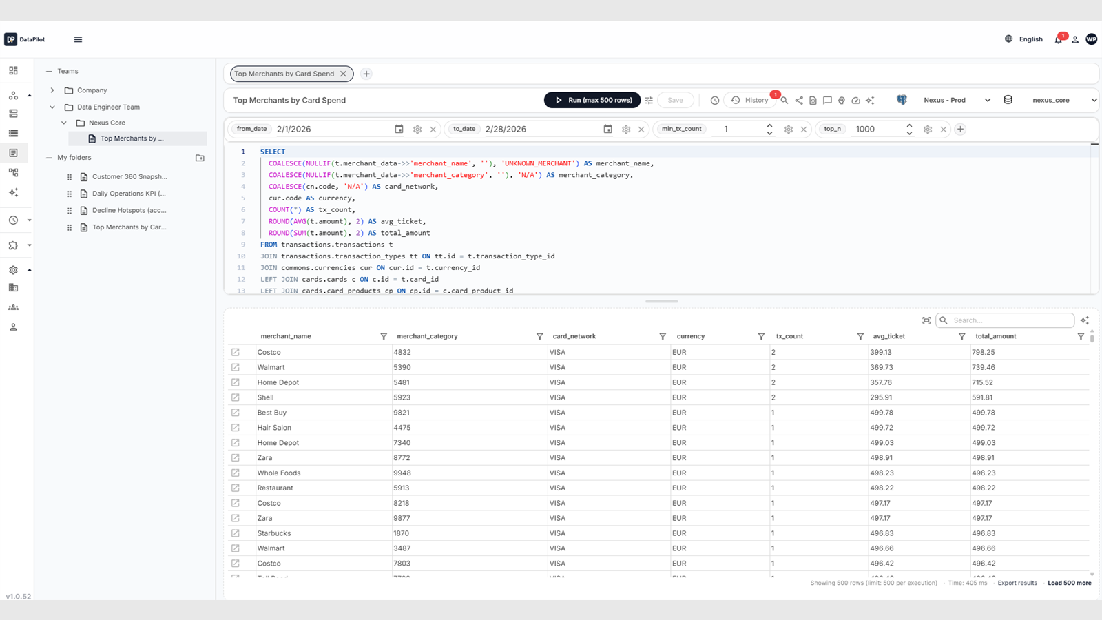 DataPilot query workspace with tabs, version history, variables, and export delivery