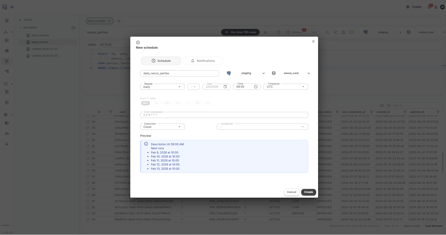 Scheduled SQL exports grid with Run Now, execution modes, and download notifications
